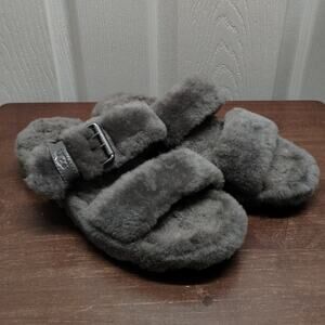 Ugg Women's Size 8 Fuzz Yeah Gray Slip-On Buckle Furry Sandal Slippers 1104662